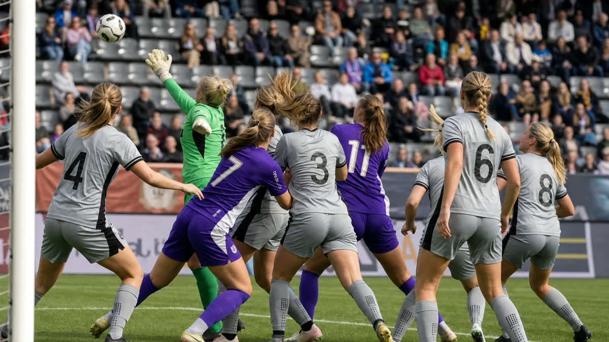 Illustration av en målvakt som sträcker sig efter bollen under en damfotbollsmatch