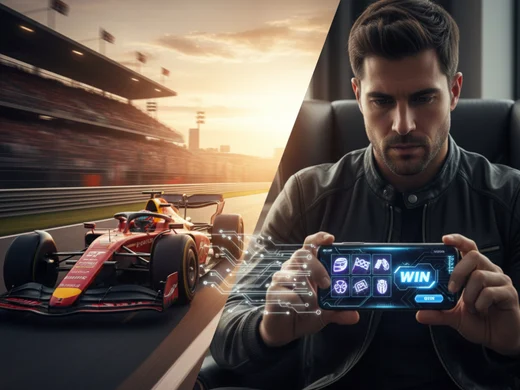 Montage med Formel 1-bil på banan och man i racingfåtölj som spelar i mobilen
