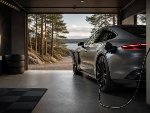 Elbil laddas med laddbox hemma i garaget