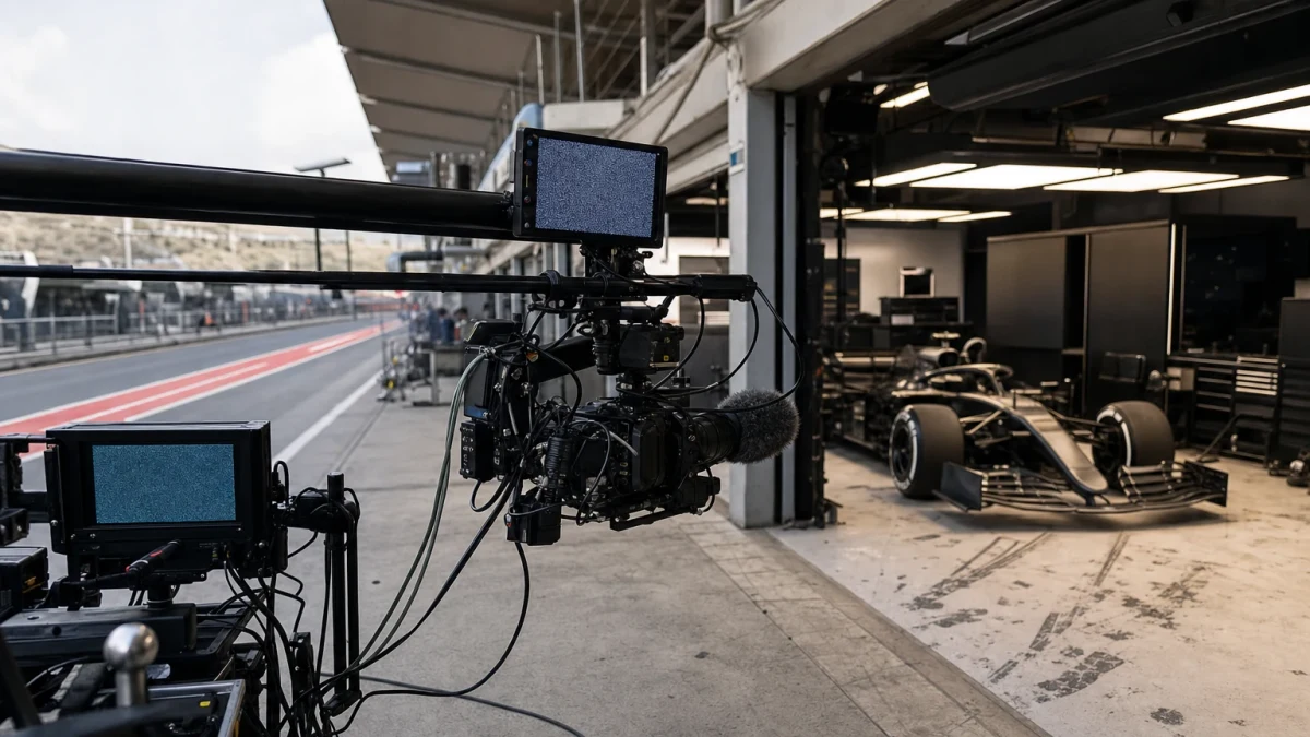 Illustration: tv-kamera på kranarm med monitor och riktmikrofon i depågatan, med en formelbil i garaget bakom.