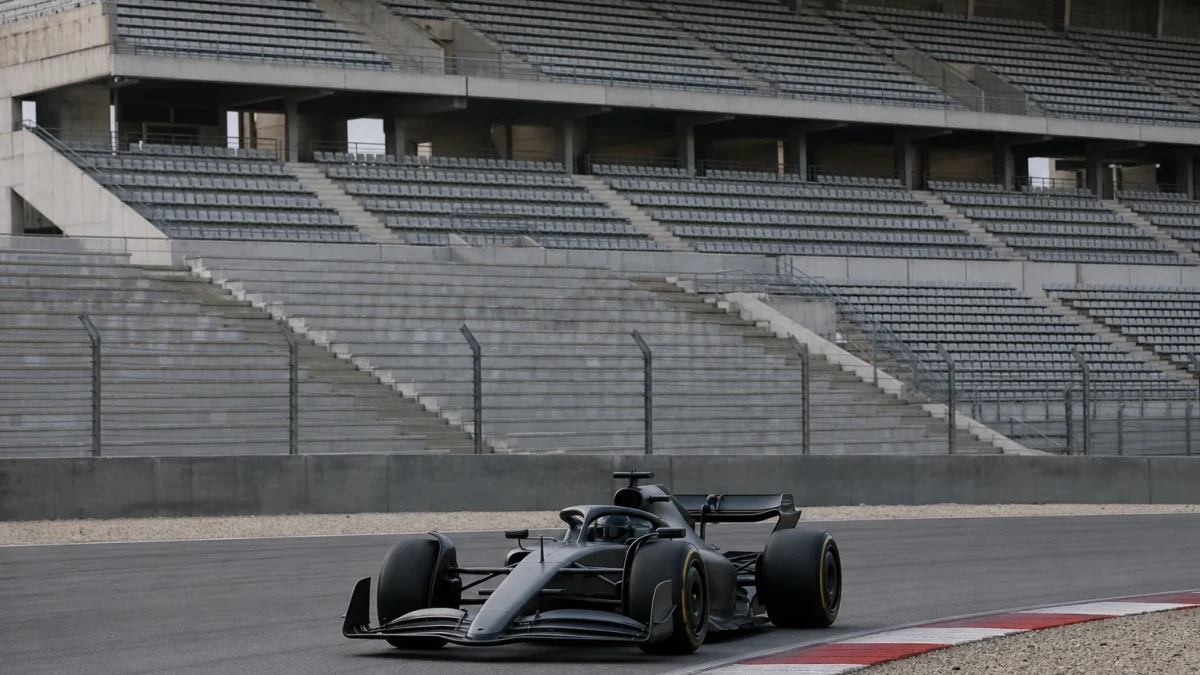 Illustration: formelbil på en bana med tomma läktare som illustrerar covidsäsongen F1 2020