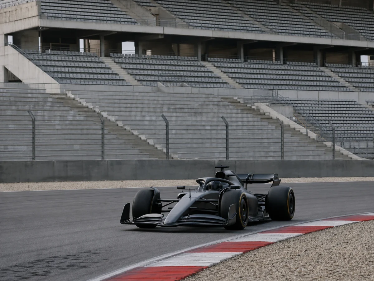 Illustration: formelbil på en bana med tomma läktare som illustrerar covidsäsongen F1 2020