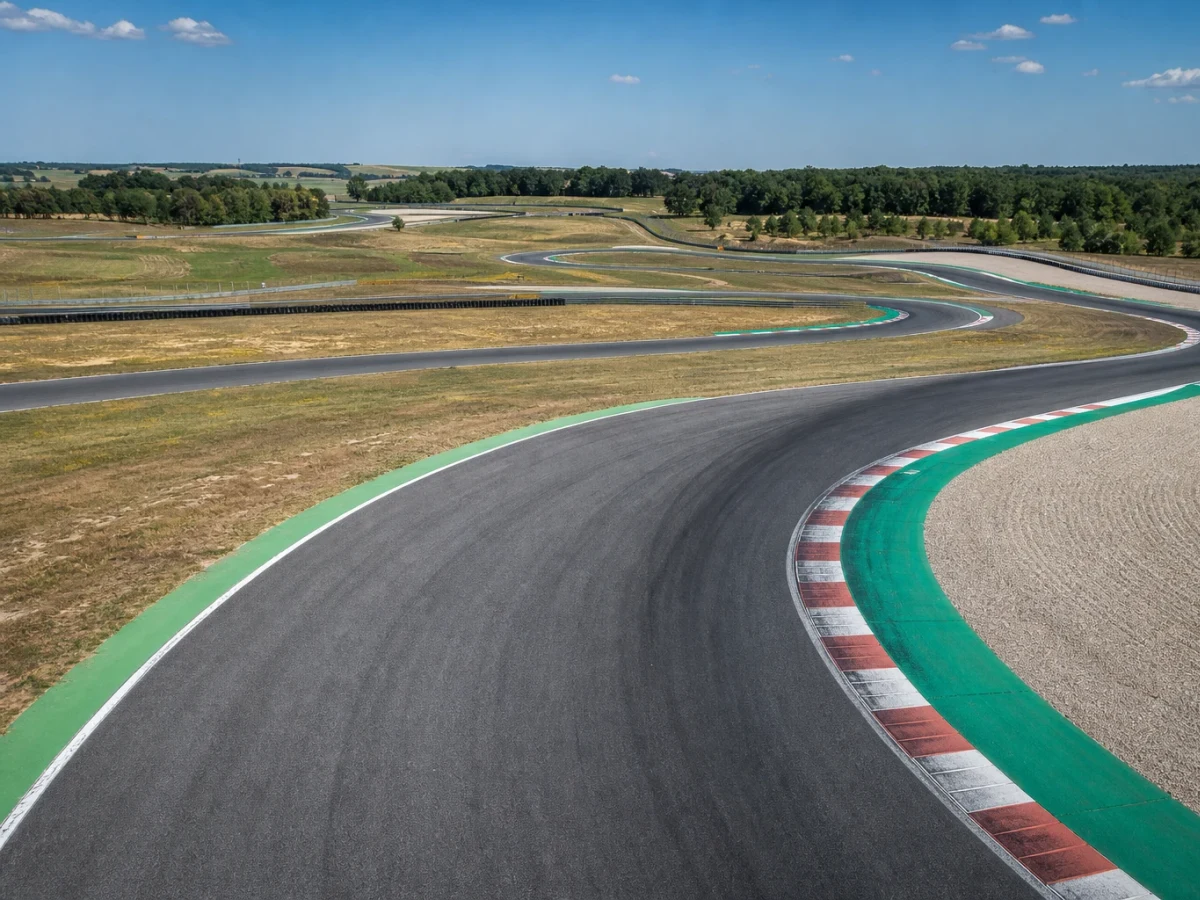 Illustration: flygbild över en Formel 1-bana med kurvor och rakor