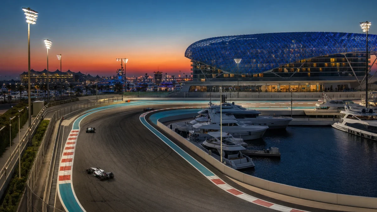 Illustration: yas Marina Circuit i Abu Dhabi upplyst under kvällslopp