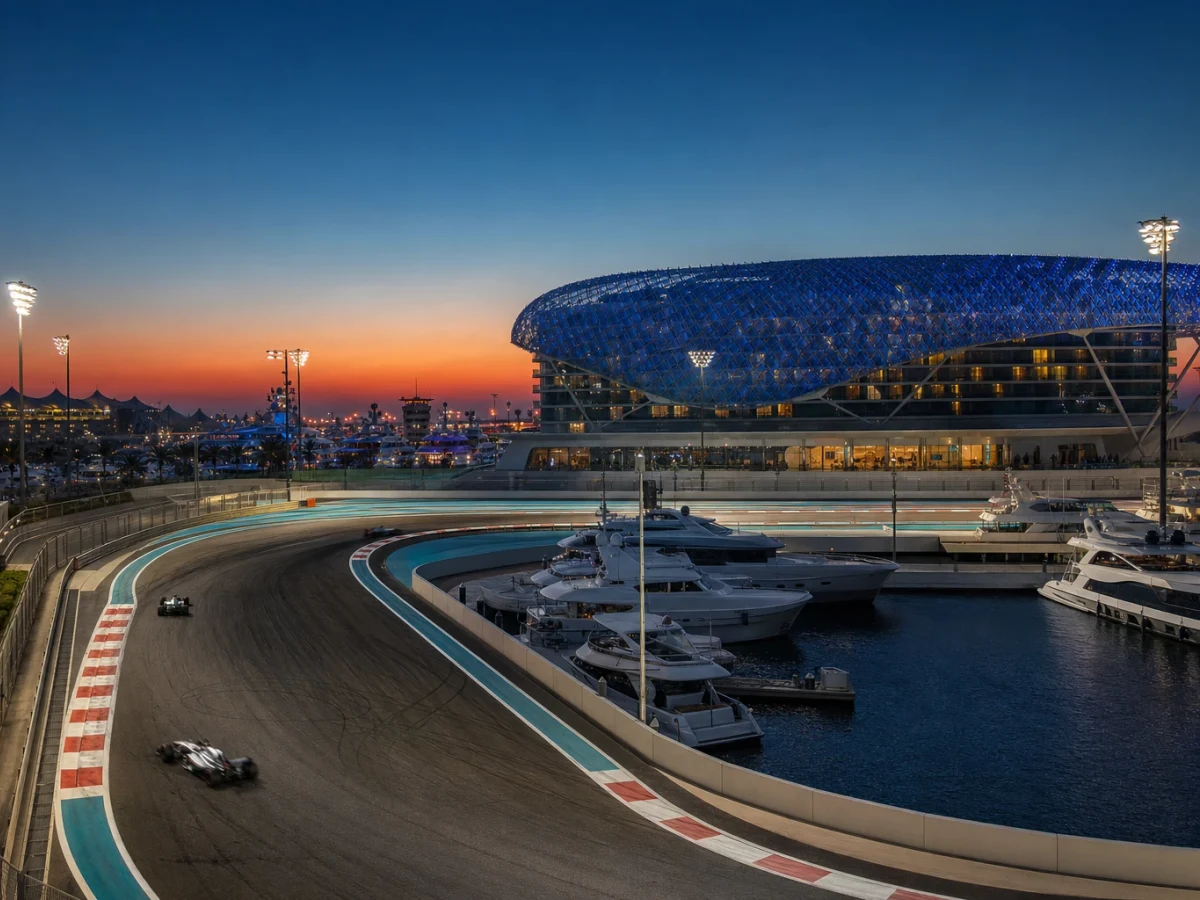 Illustration: yas Marina Circuit i Abu Dhabi upplyst under kvällslopp