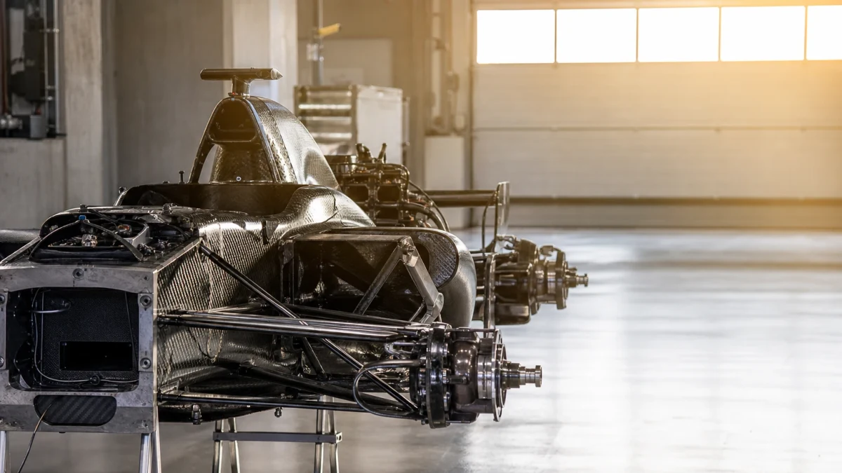 Illustration: formel 1-bil i profil som visar vingar och hjul