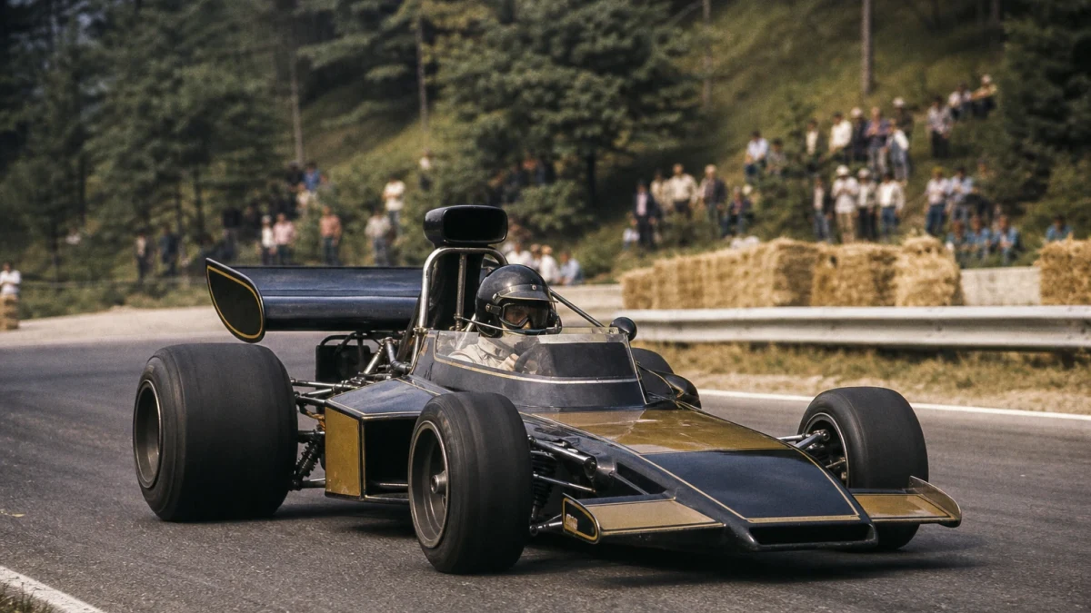 Illustration: en klassisk kilformad Formel 1-bil från tidigt 1970-tal.