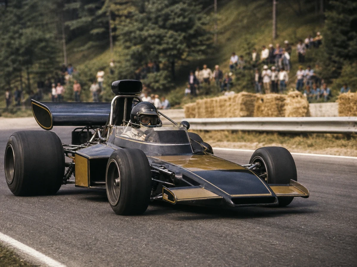 Illustration: en klassisk kilformad Formel 1-bil från tidigt 1970-tal.