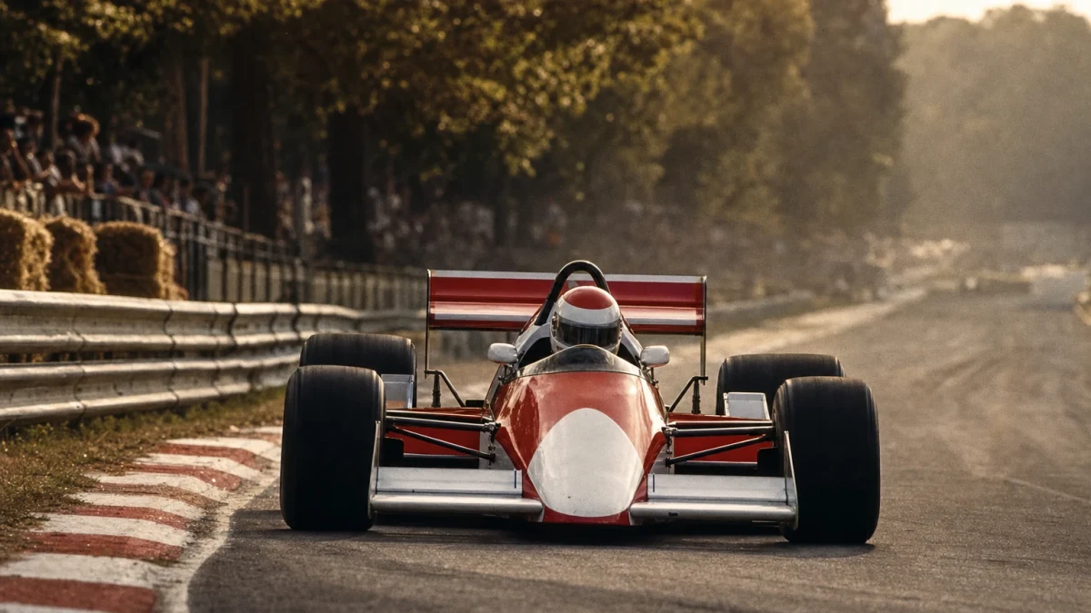 Illustration: en röd och vit Formel 1-bil från slutet av 1980-talet på banan.