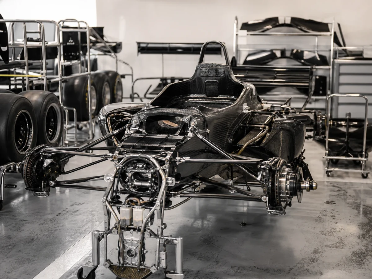 Illustration: f1-bil i depåmiljö som illustrerar kostnaden för en Formel 1-bil