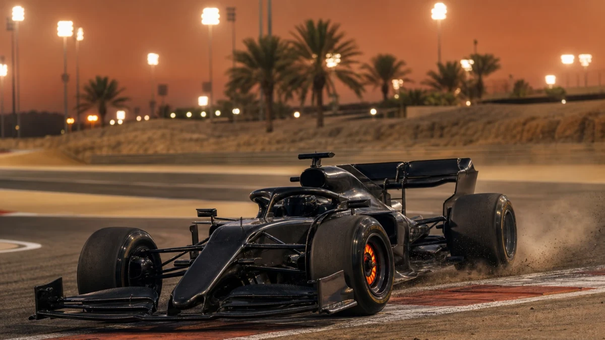 Illustration: f1-bil under Bahrains Grand Prix på den strålkastarbelysta banan i Sakhir