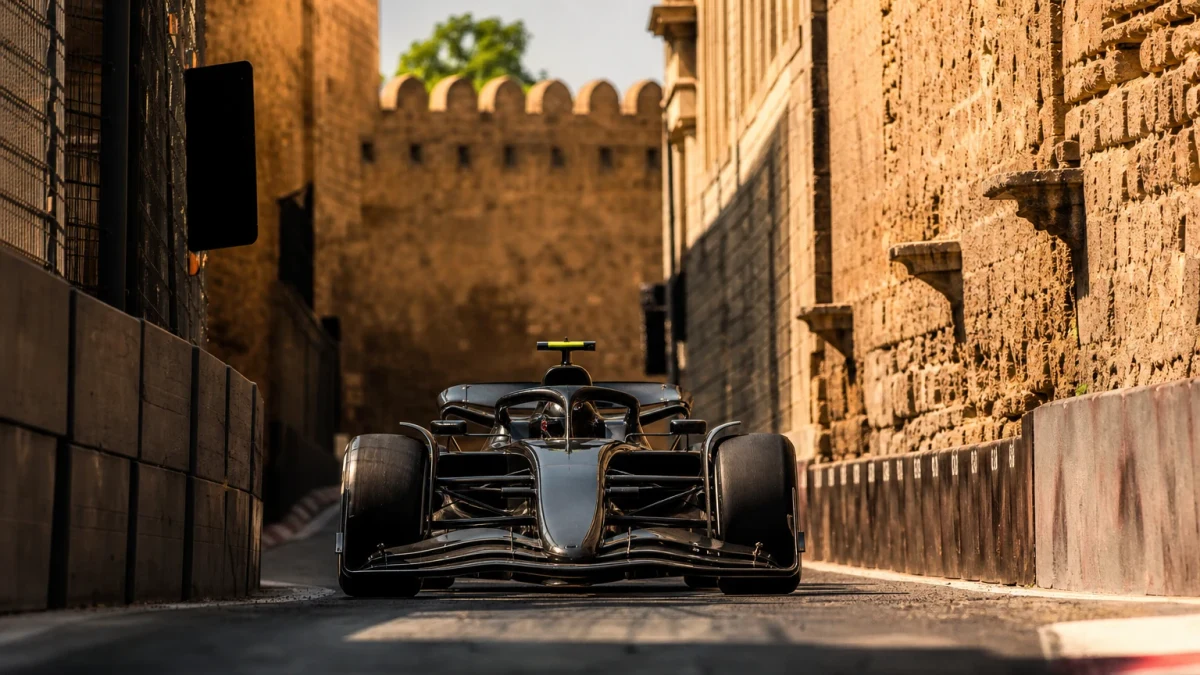 Illustration: f1-bil på Baku City Circuit med stadsfasader och murar längs banan