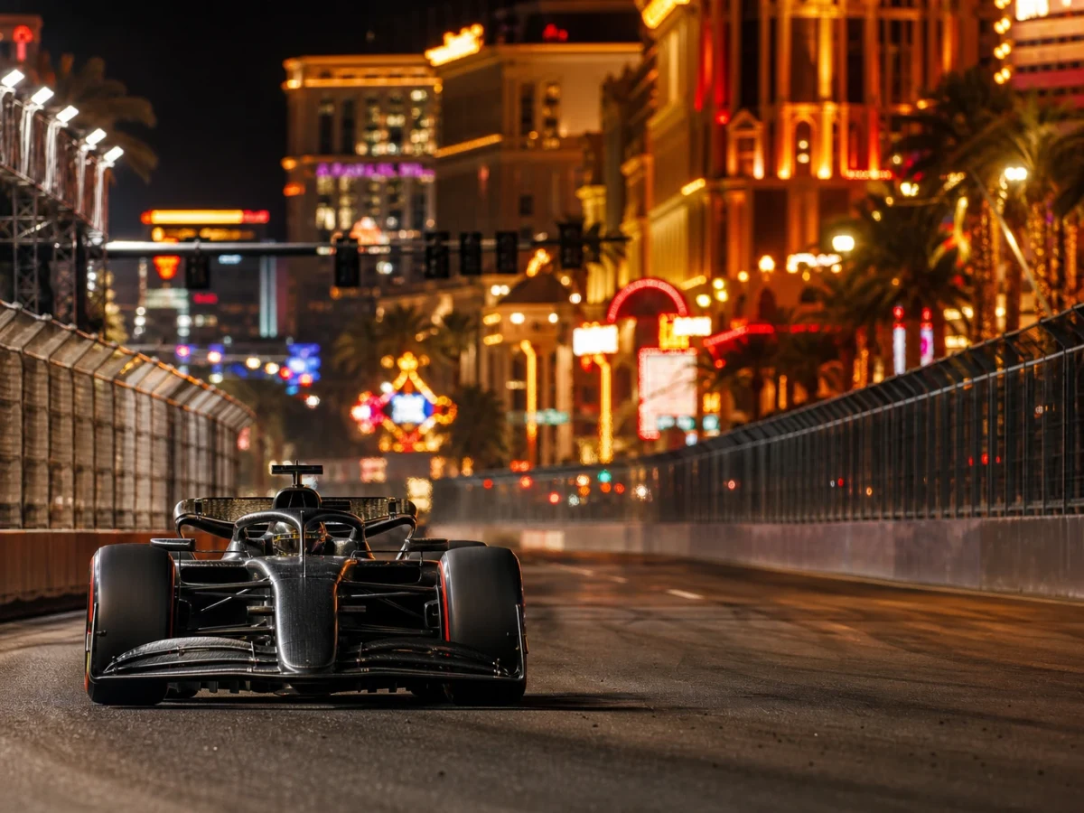 Illustration: f1-bil på en upplyst gatubana med neonljus, illustrerar Las Vegas Grand Prix
