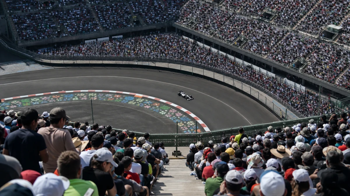 Illustration: formel 1-bil genom stadionsektionen på Autódromo Hermanos Rodríguez i Mexico City