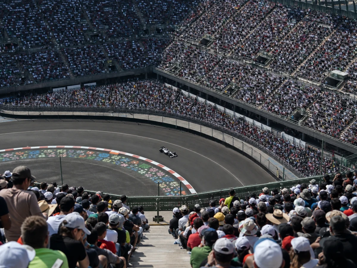 Illustration: formel 1-bil genom stadionsektionen på Autódromo Hermanos Rodríguez i Mexico City
