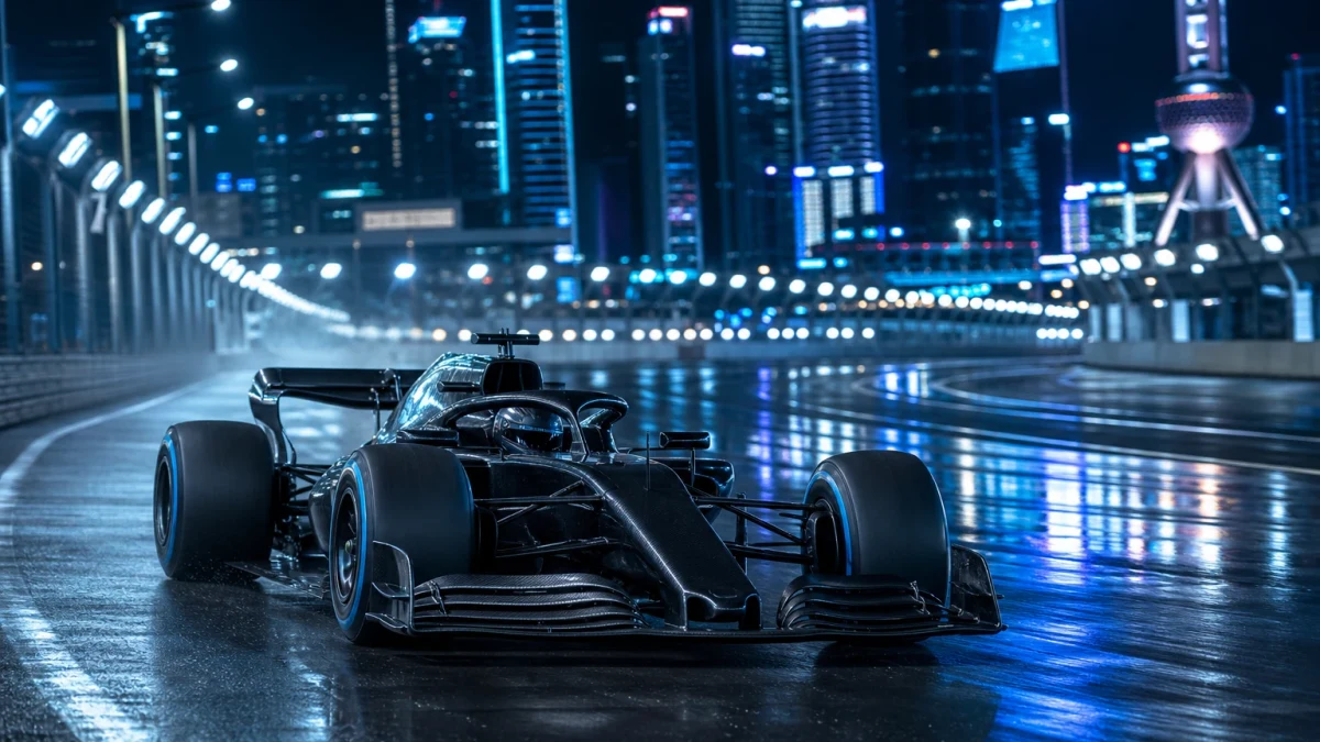 Illustration: formel 1-bil på det upplysta gatloppet runt Marina Bay i Singapore om natten