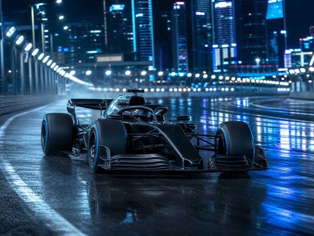 Illustration: formel 1-bil på det upplysta gatloppet runt Marina Bay i Singapore om natten