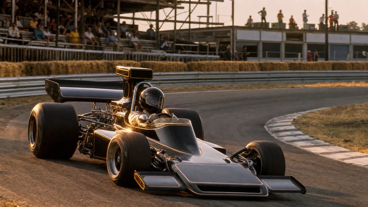 Illustration: svartguldig motorsportmiljö som illustrerar John Player Special-eran