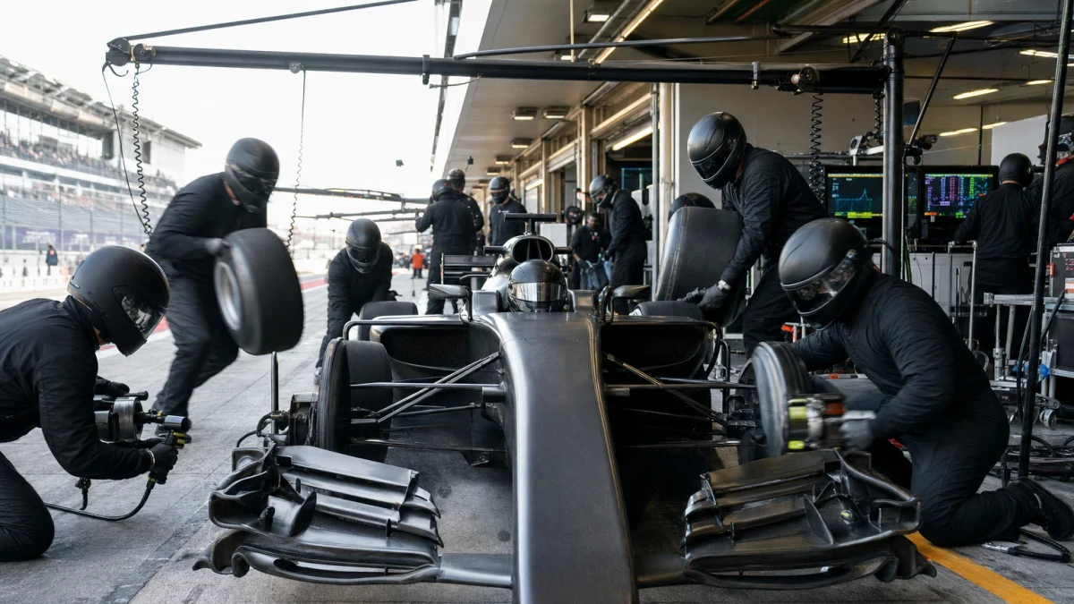 Illustration: depåteam byter däck på en F1-bil under ett pit stop