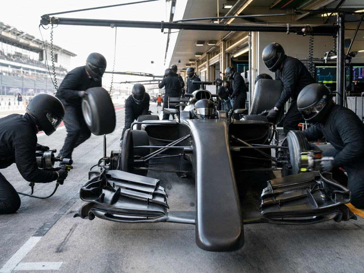 Illustration: depåteam byter däck på en F1-bil under ett pit stop
