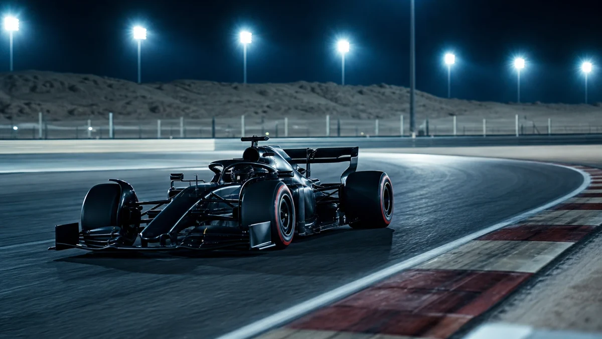 Illustration: f1-bil på nattbelyst bana som illustrerar Qatars Grand Prix