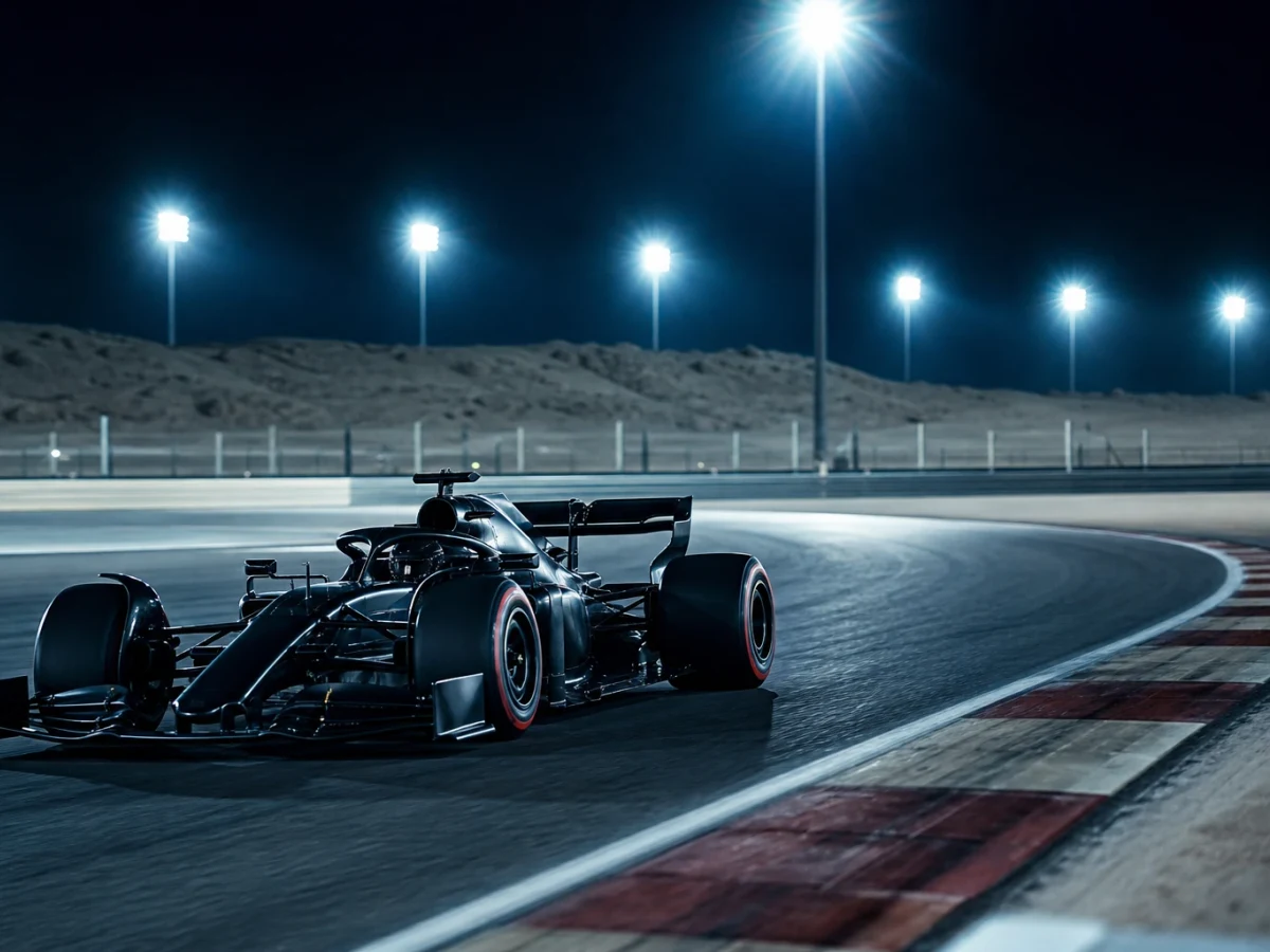 Illustration: f1-bil på nattbelyst bana som illustrerar Qatars Grand Prix