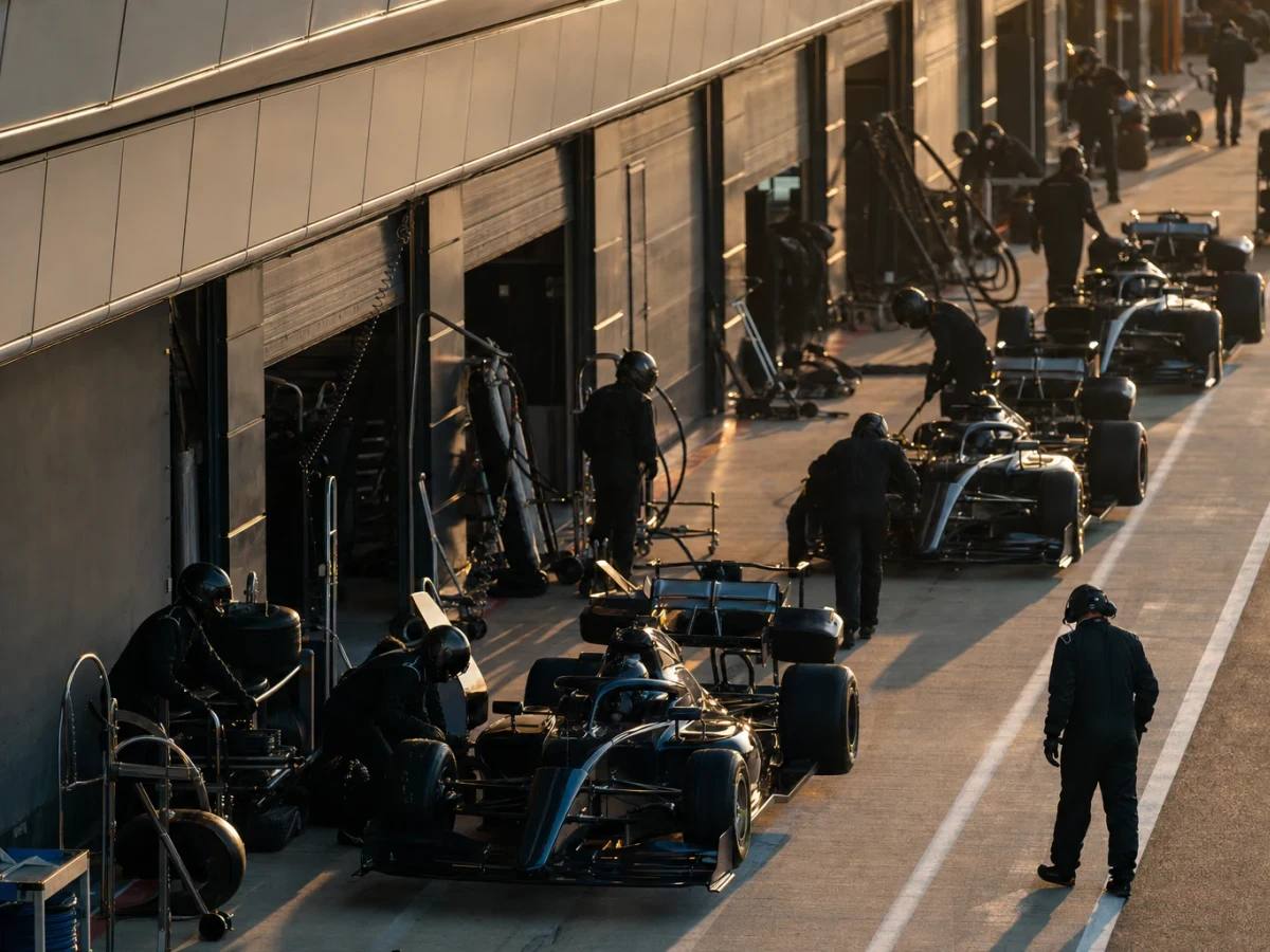 Illustration: f1-mekaniker och bilar i depån under en racehelg