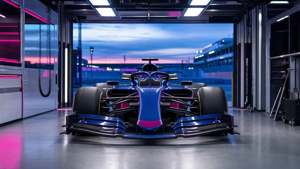 Illustration: en F1-bil i blårosa färgställning under en träning