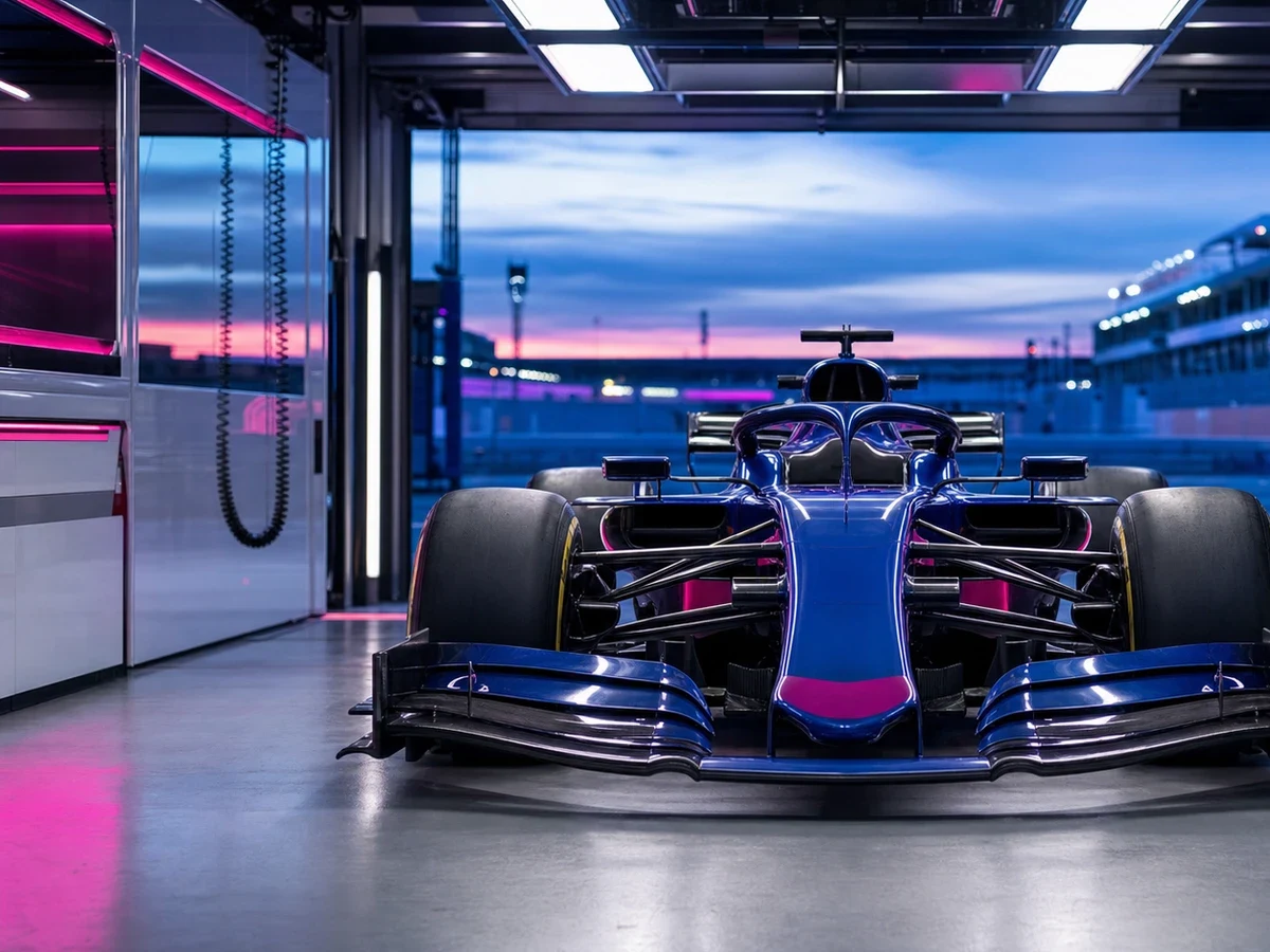 Illustration: en F1-bil i blårosa färgställning under en träning