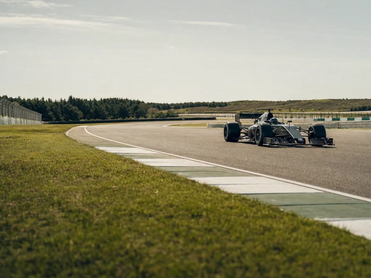 Illustration: en F1-bil under en testkörning på en solig bana