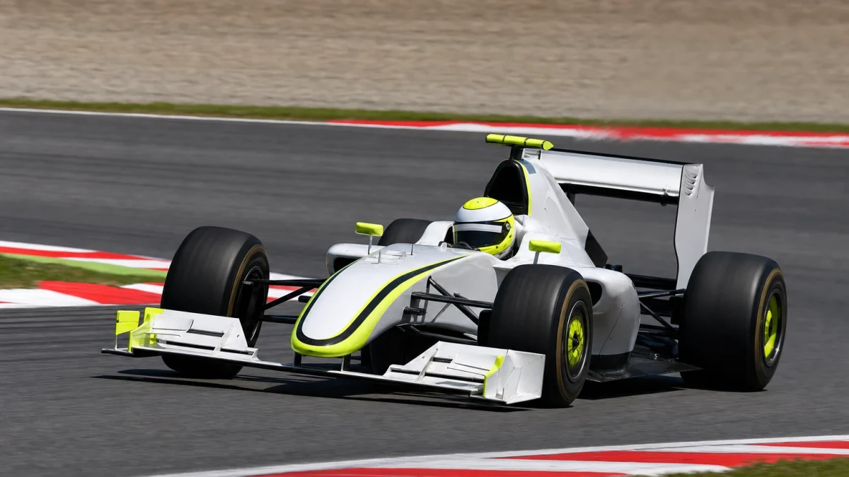 Illustration: formelbil i vitt och gult som illustrerar Brawn GP:s F1-säsong 2009