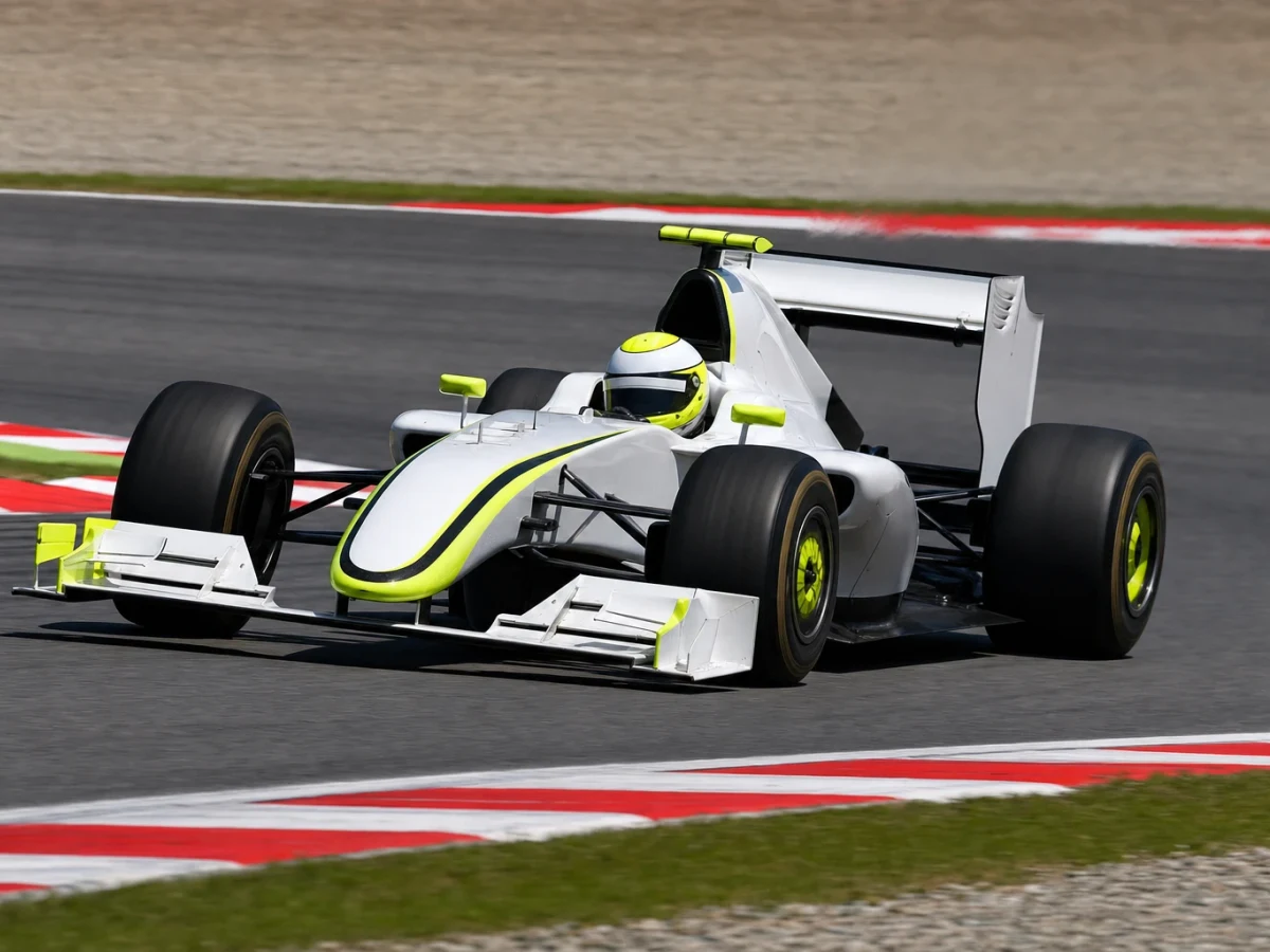 Illustration: formelbil i vitt och gult som illustrerar Brawn GP:s F1-säsong 2009