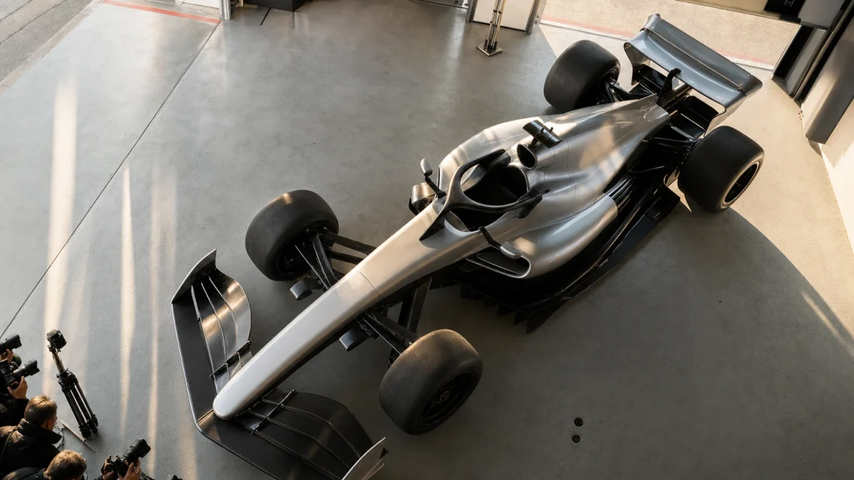 Illustration: cadillacs nya F1-bil på depåraden inför säsongsstarten