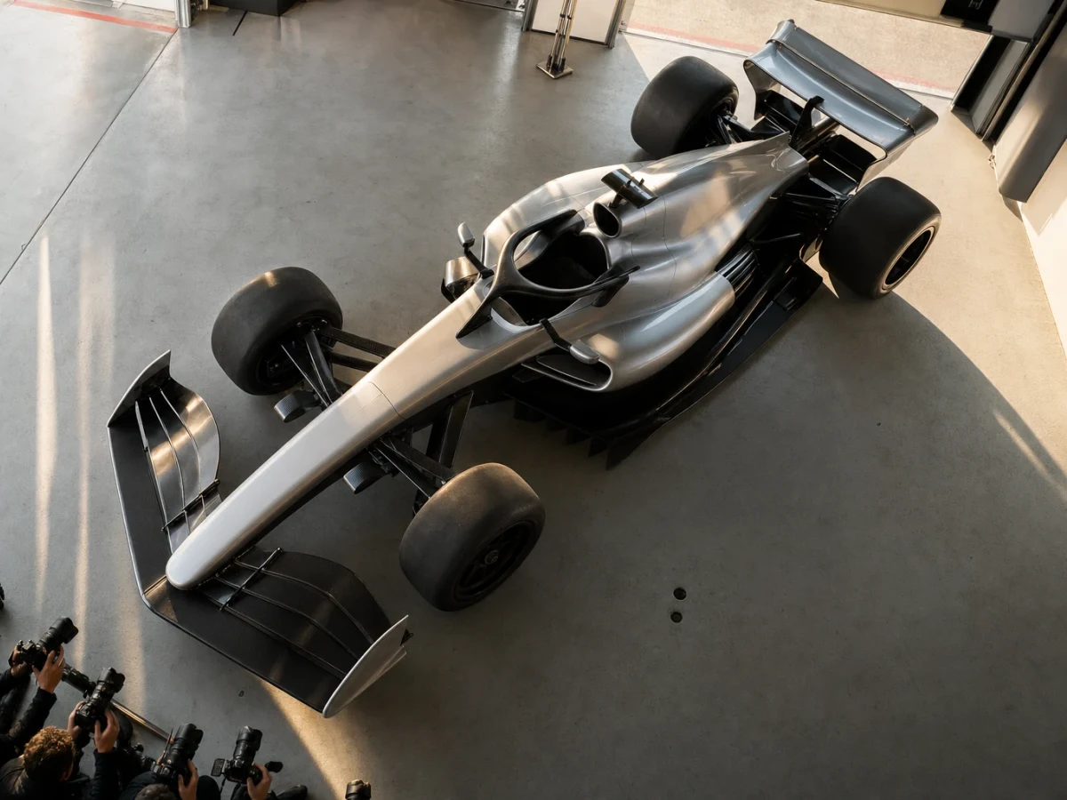 Illustration: cadillacs nya F1-bil på depåraden inför säsongsstarten