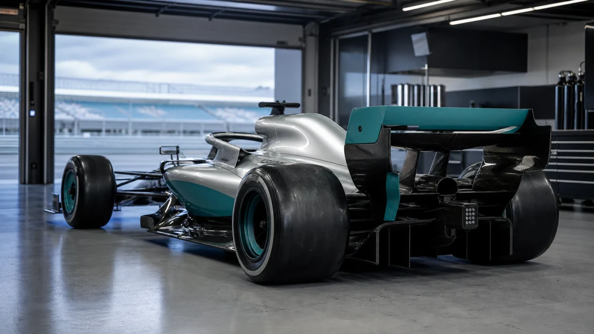 Illustration: en silverfärgad F1-bil under en träningssession