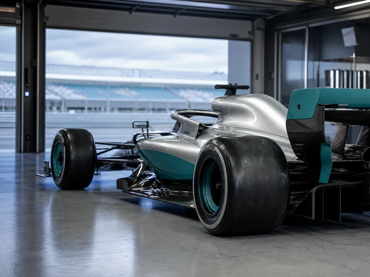 Illustration: en silverfärgad F1-bil under en träningssession