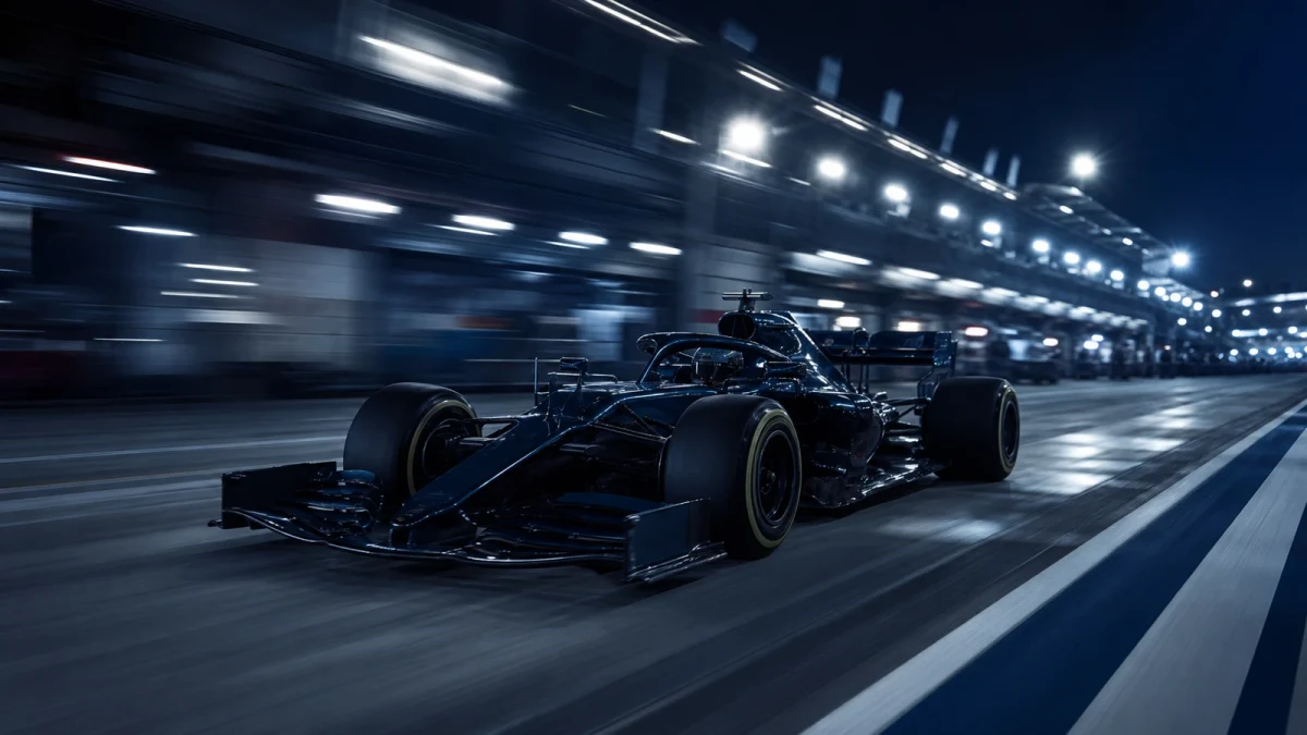 Illustration: en F1-bil på banan under en träning i motljus