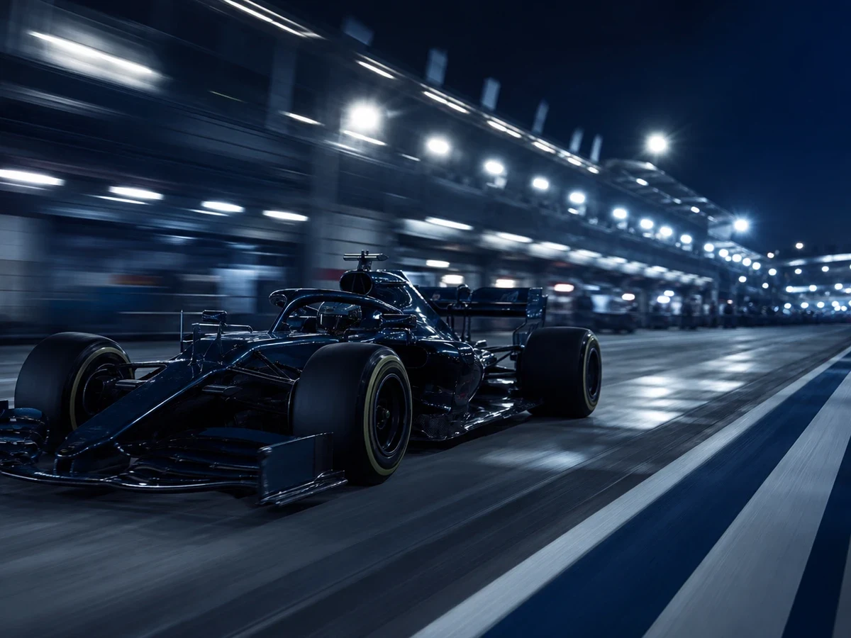 Illustration: en F1-bil på banan under en träning i motljus