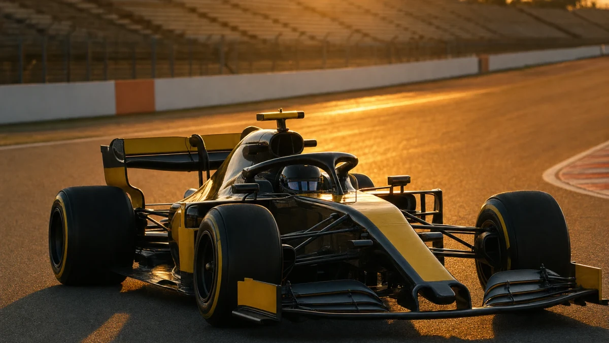 Illustration: renaults gula och svarta F1-bil på banan under en träning
