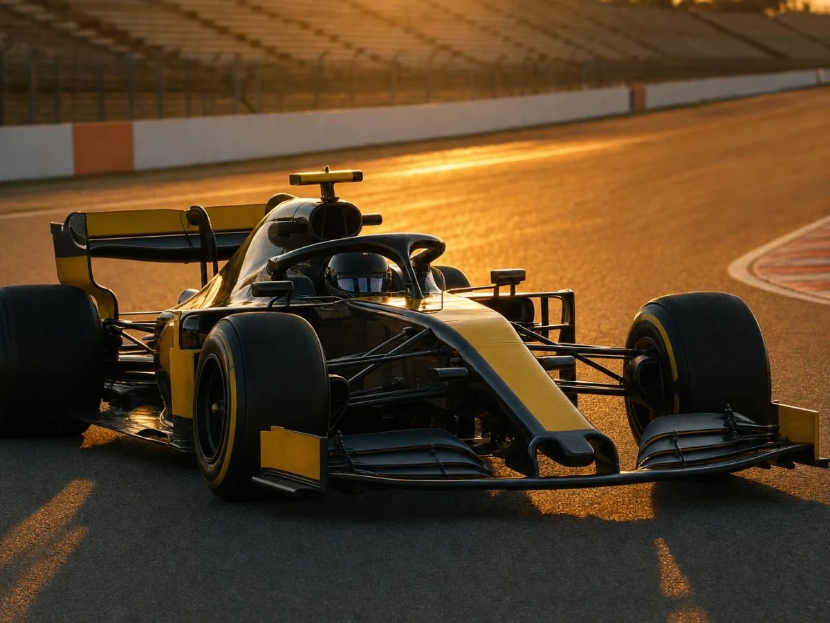 Illustration: renaults gula och svarta F1-bil på banan under en träning