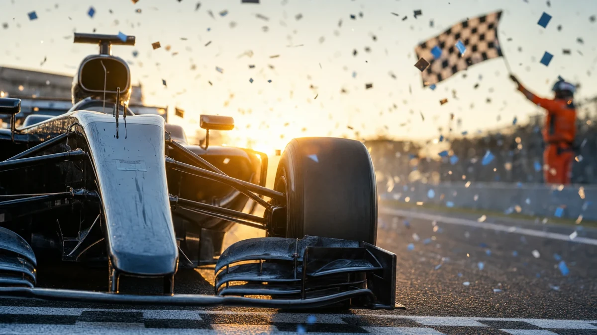 Illustration: segrande F1-förare firar med pokal på prispallen