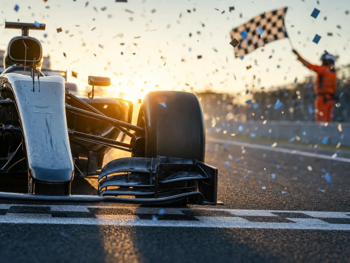 Illustration: segrande F1-förare firar med pokal på prispallen