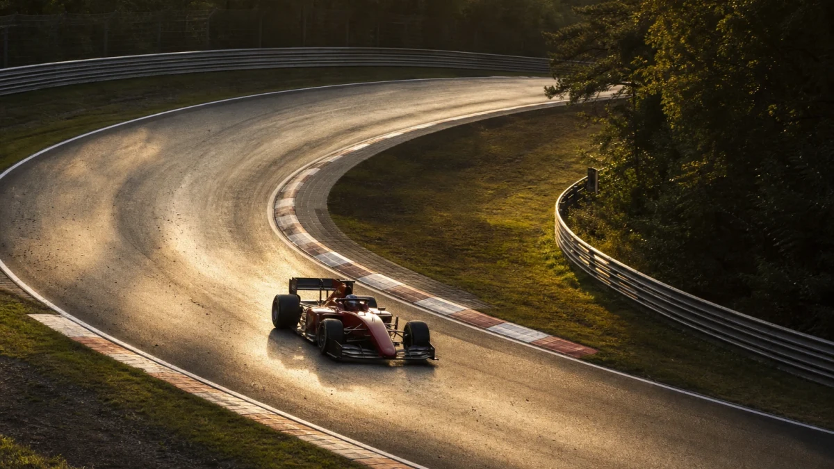 Illustration: en formelbil i FIA Formel 2 på väg ut ur en depåbox under en tävlingshelg
