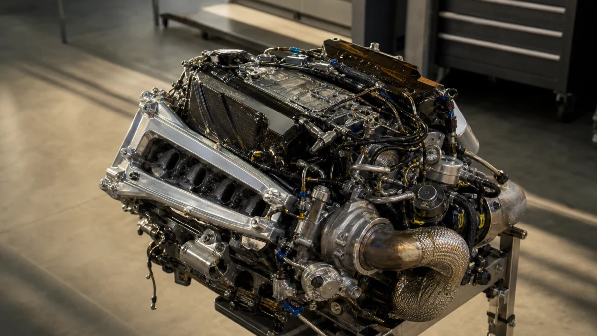 Illustration: racingmotor uppställd på en metallställning i en verkstad, med turbo, kablage och avgasrör i värmeisolerande flätning.