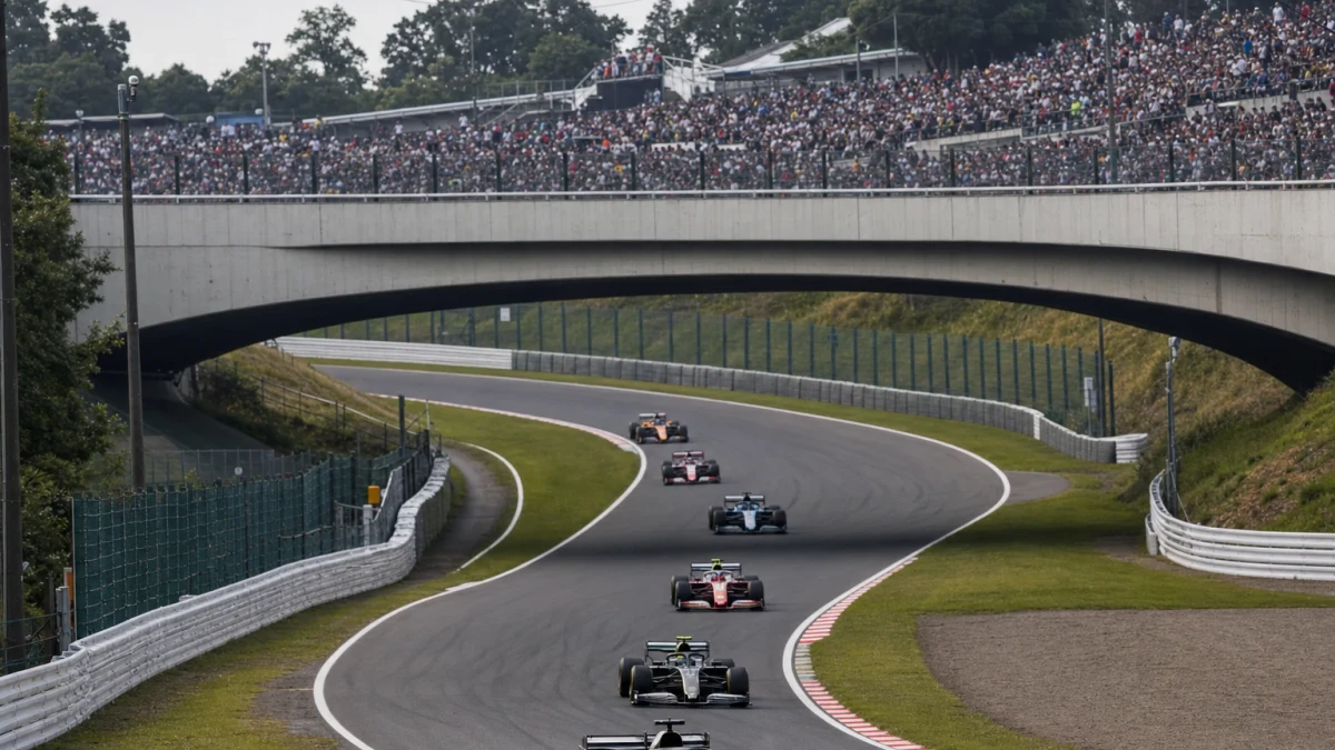Illustration: formel 1-bilar genom en snabb kurva på en internationell racerbana