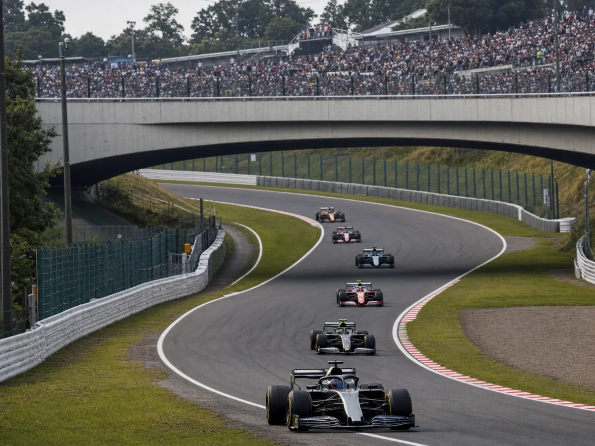 Illustration: formel 1-bilar genom en snabb kurva på en internationell racerbana