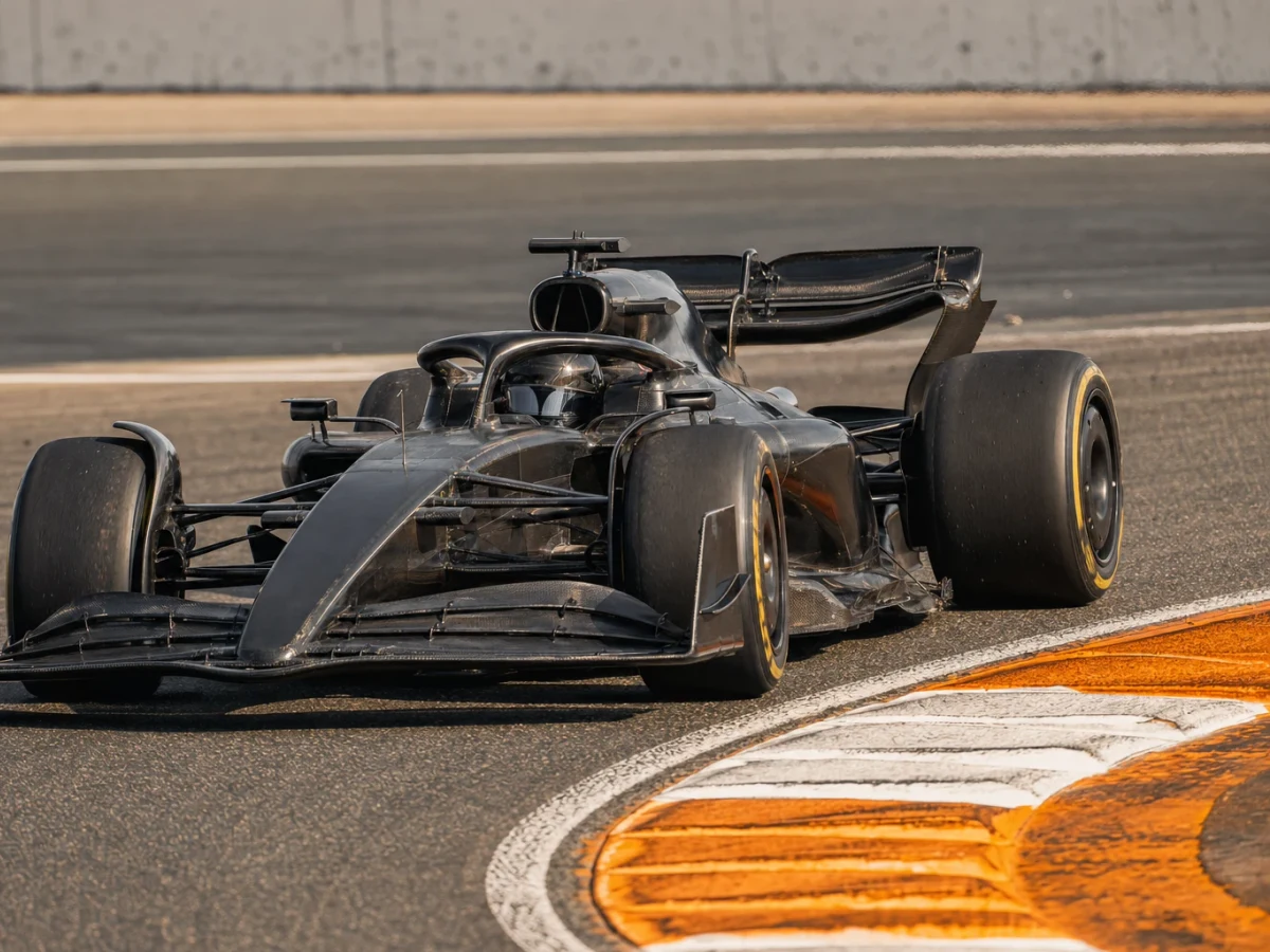 Illustration: mercedes W11, den svarta Formel 1-bilen från 2020-säsongen, på banan