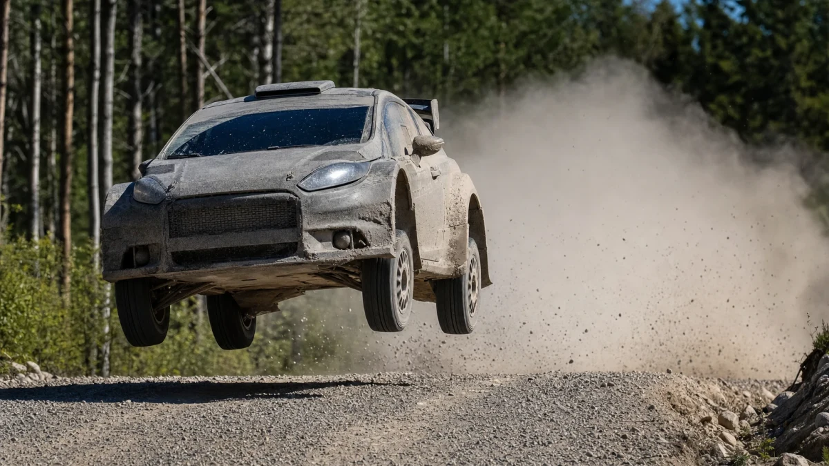 Illustration: rallybil som kastar upp grus på en specialsträcka i skogen
