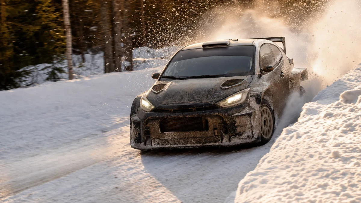 Illustration: rallybil på snötäckt skogsväg i motljus, med ett moln av uppyrd snö bakom bakvagnen.