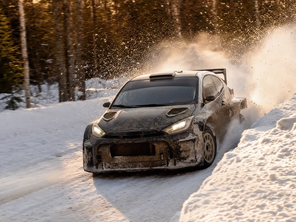 Illustration: rallybil på snötäckt skogsväg i motljus, med ett moln av uppyrd snö bakom bakvagnen.